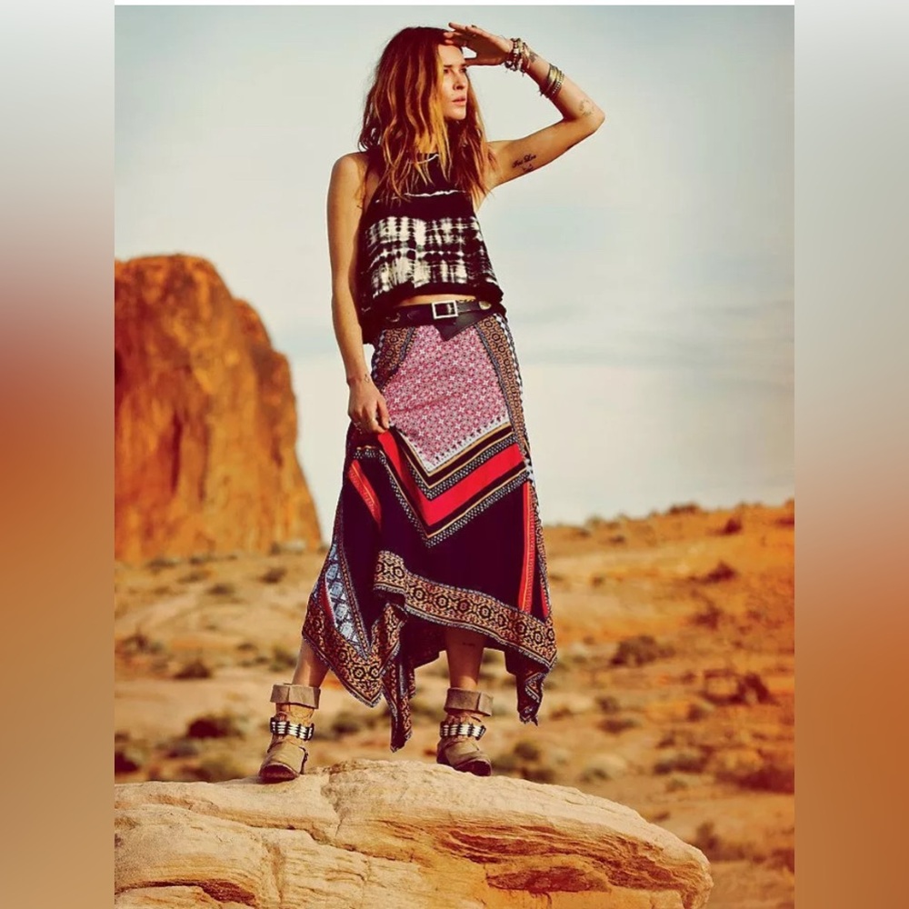 Free People Bohemian Asymmetrical Patchwork Skirt in Black, Red, Pink